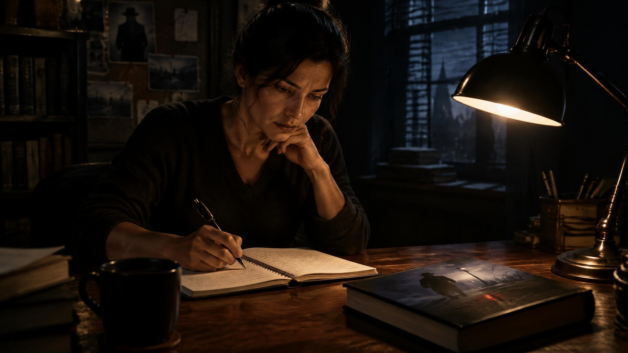 mystery writer at desk with notebook