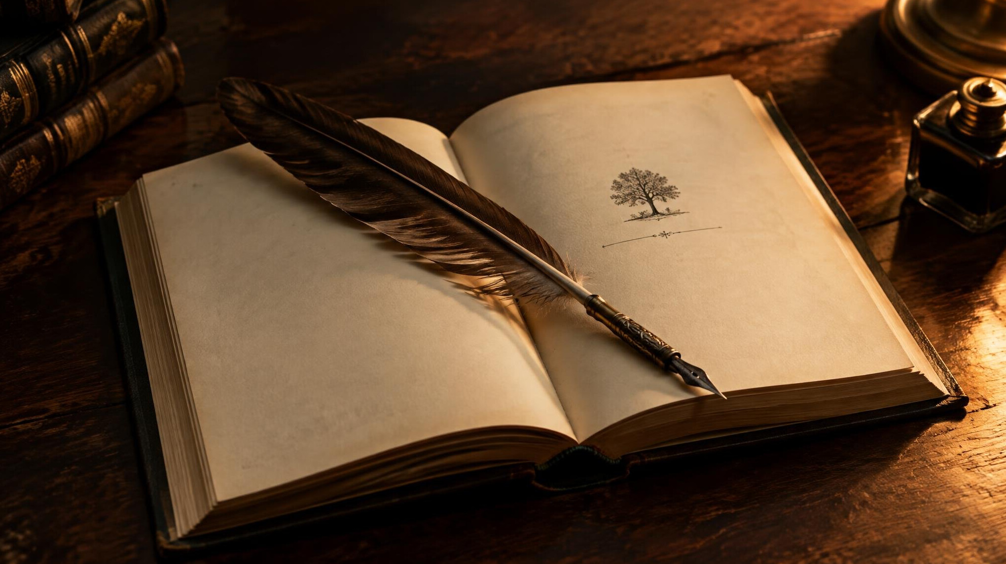 Open book with a quill pen on a dark wooden table
