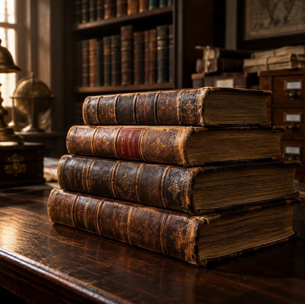 Stack of old leather-bound books on a wooden table