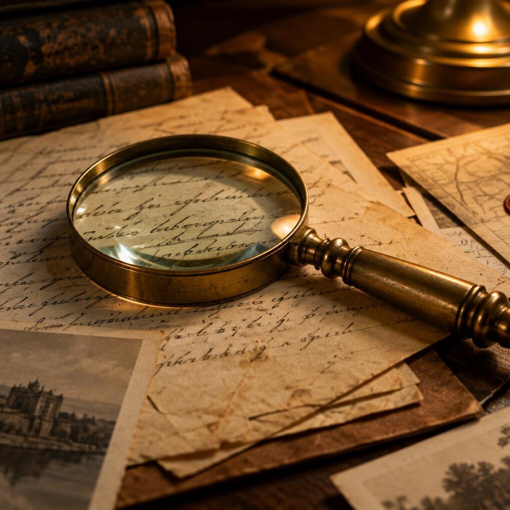 Magnifying glass resting on old handwritten documents