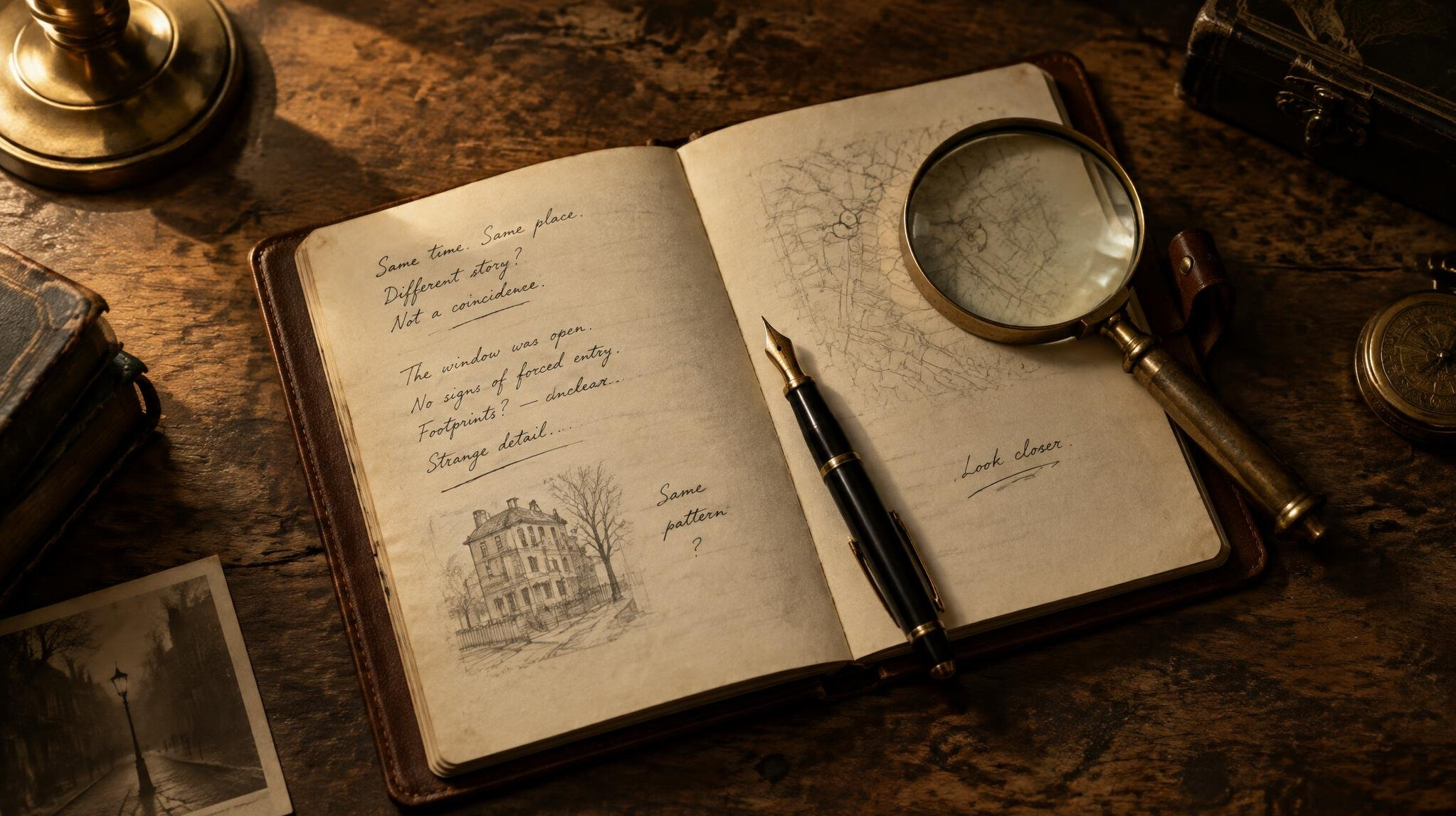 Open notebook with a fountain pen and magnifying glass on a wooden desk