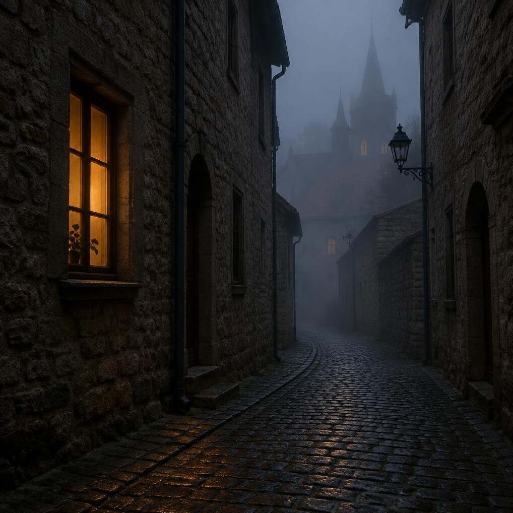 Narrow old town alley shrouded in evening fog