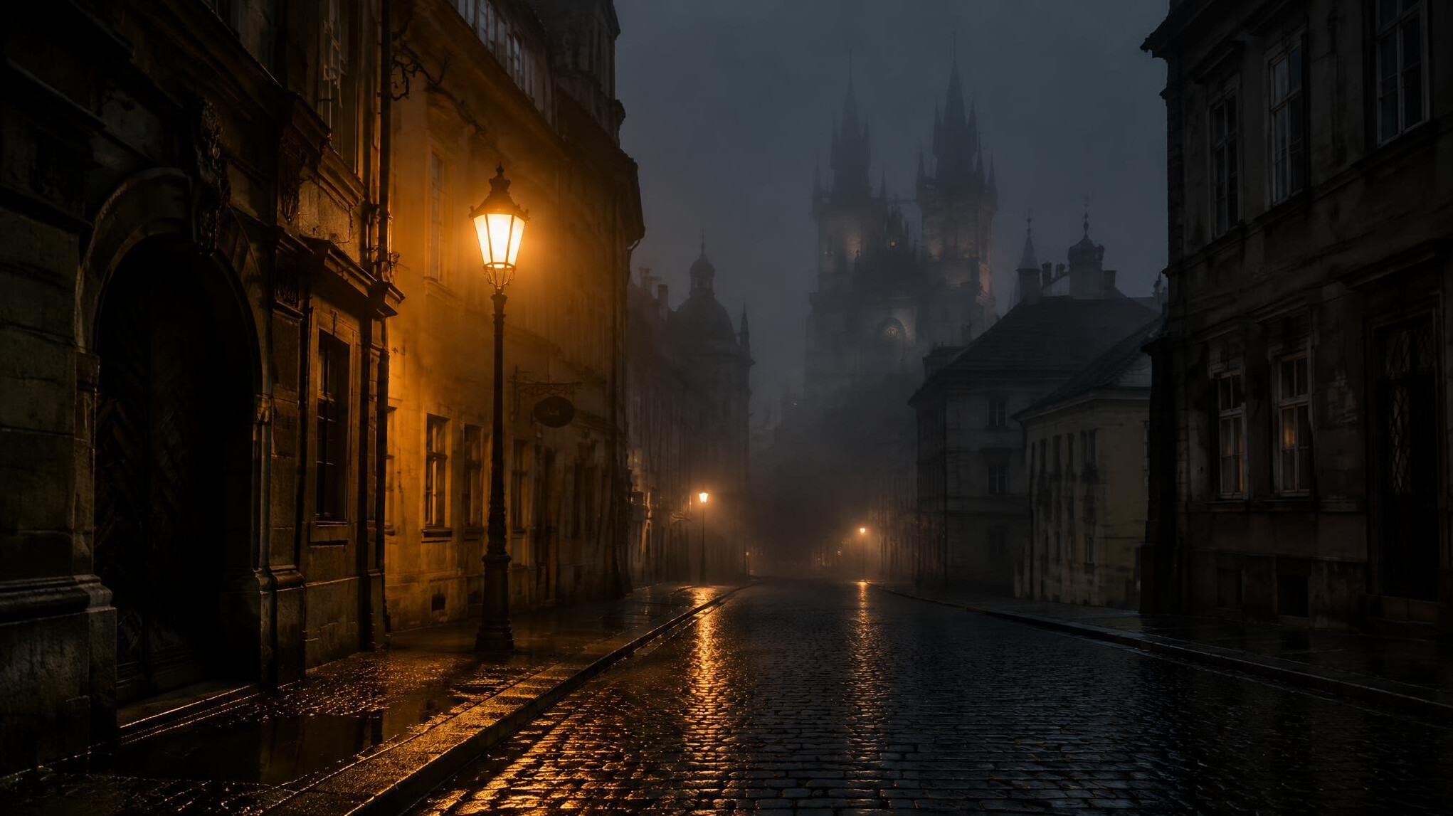 Foggy old European street at night with a single lit lamp