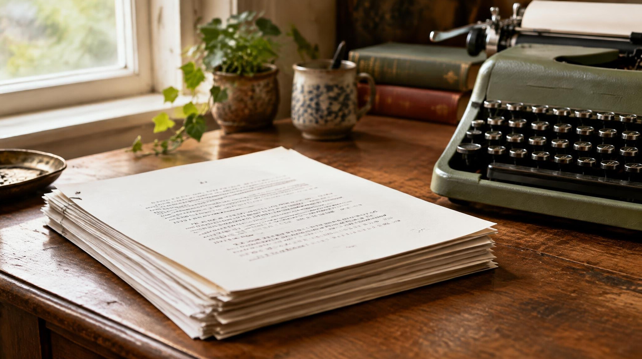 Manuscript pages and typewriter on a writer's desk