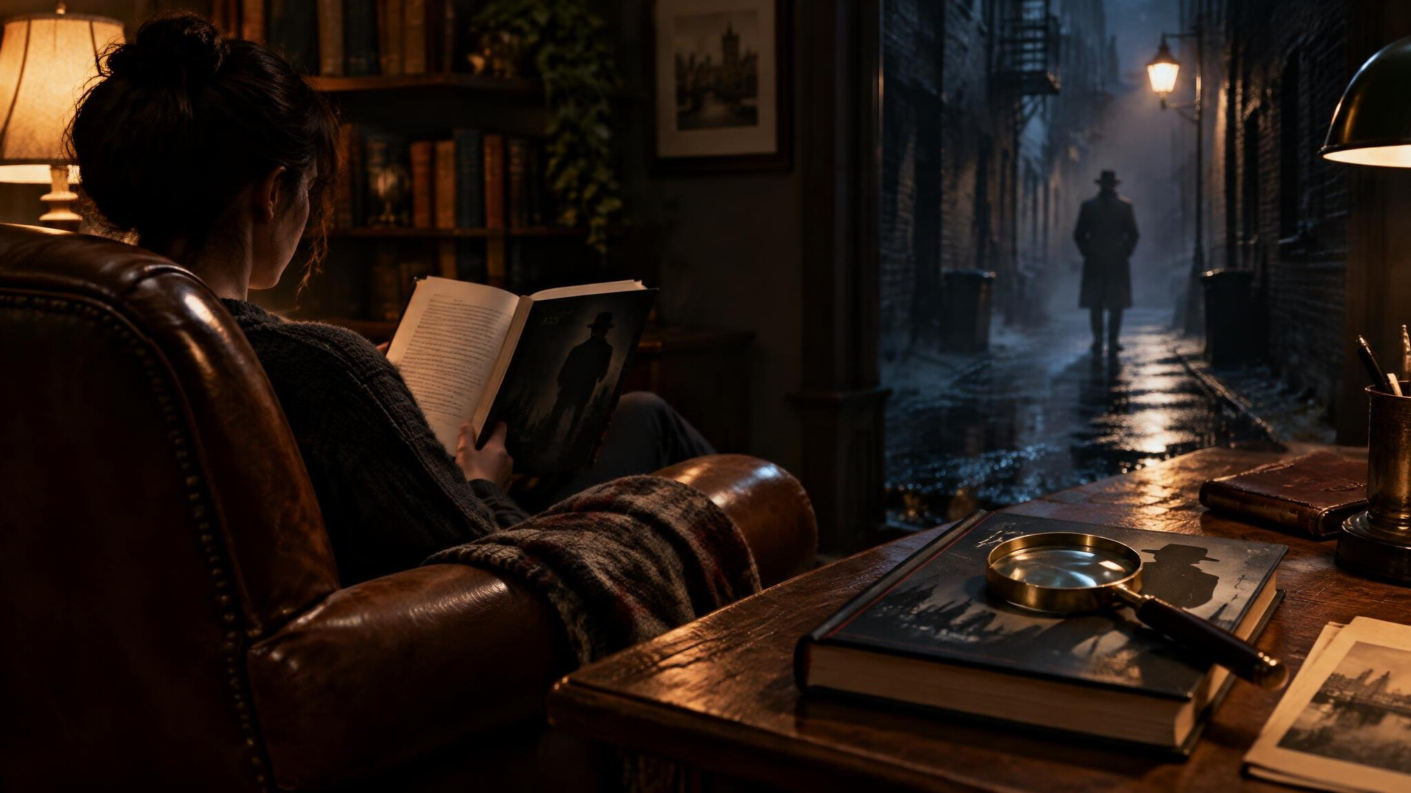 person reading mystery book in armchair