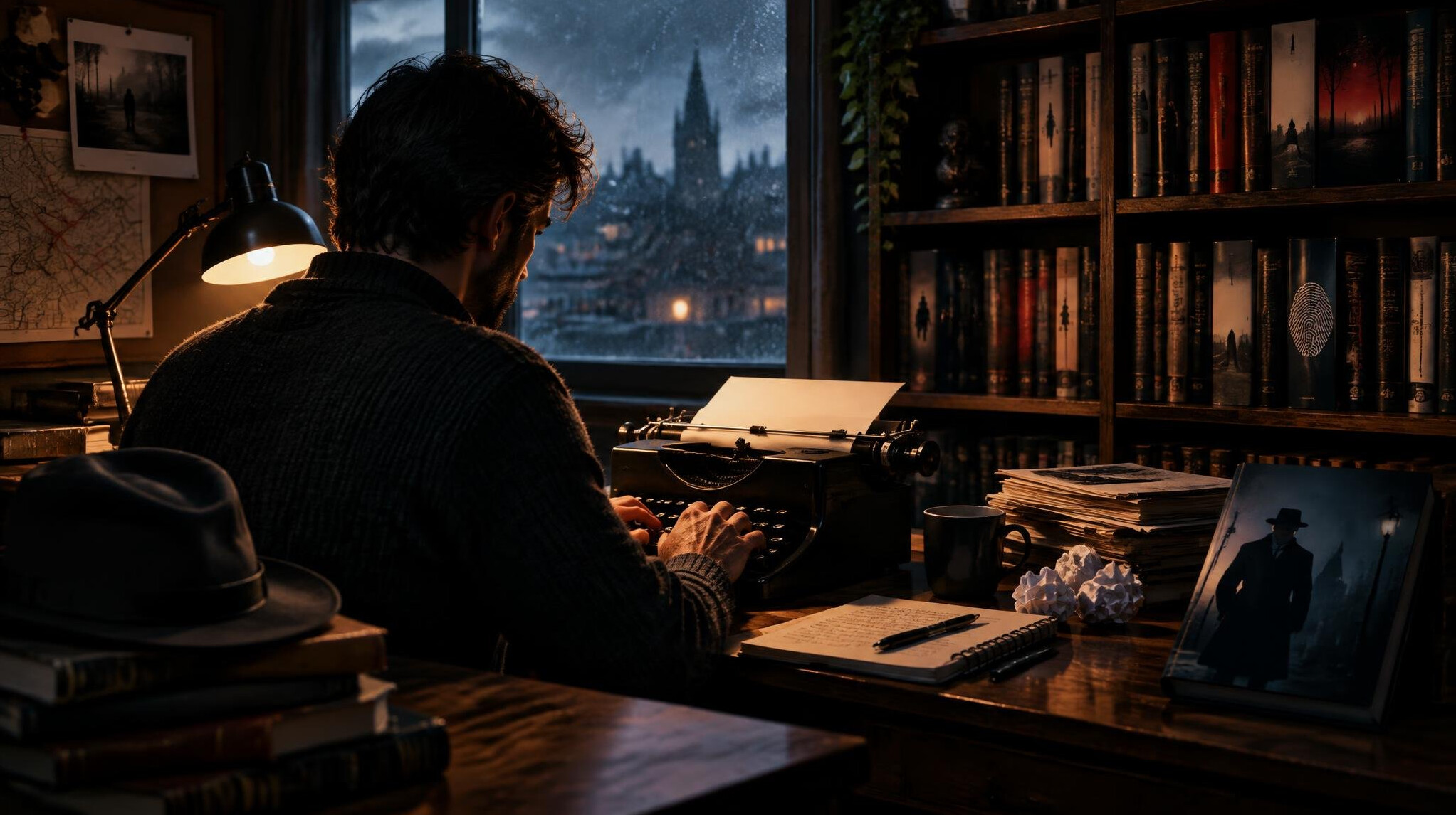 mystery writer at desk